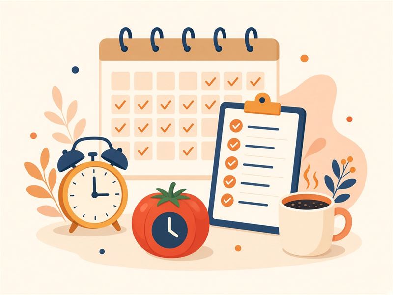 A calendar with ticked days, a checklist, an alarm clock and a focus timer