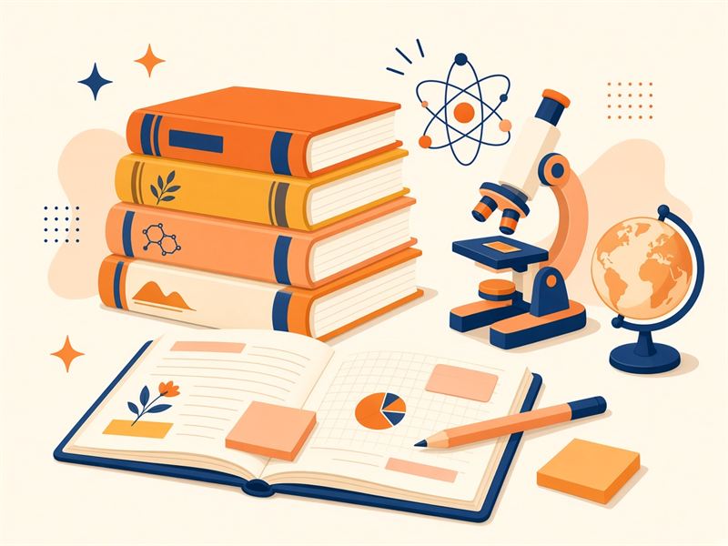 Stacked textbooks, an open notebook, a microscope and a globe