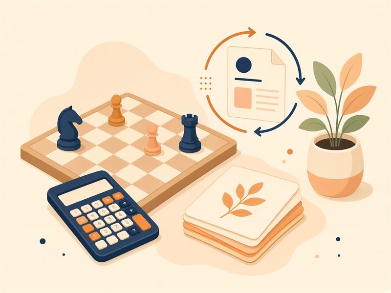 A chess board, a calculator, flashcards and a file being converted
