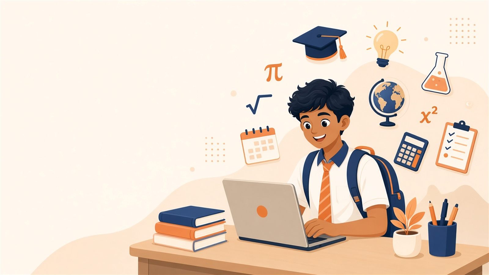 A student studying at a desk with books, a laptop and science and maths icons around them